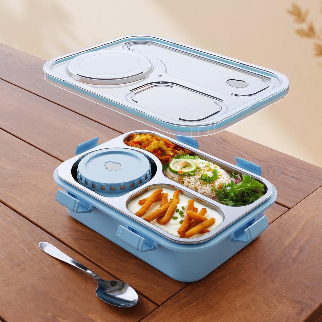 3-Compartment Stainless Steel Bento Lunch Box Leakproof Airtight Tiffin Box for Kids & Office