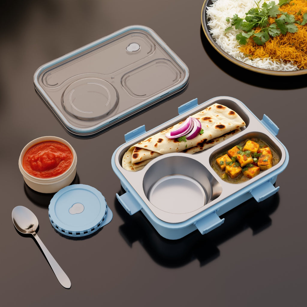 3-Compartment Stainless Steel Bento Lunch Box Leakproof Airtight Tiffin Box for Kids & Office